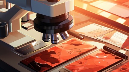 A dermatologist examining skin samples under a microscope, in a dermatology clinic, precise and educational, highdetail digital illustration, exclude unpleasant skin conditions