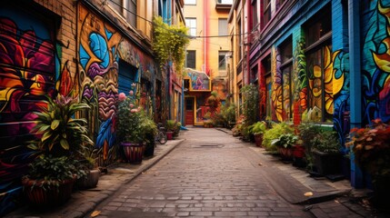 A narrow alleyway lined with brightly painted buildings and green potted plants