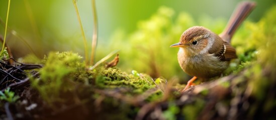 A tiny bird perched on mossy ground