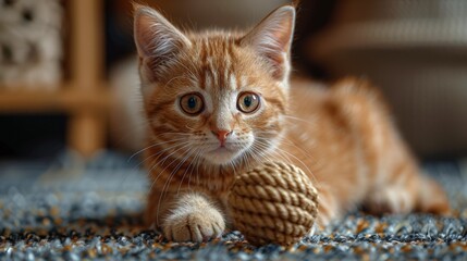 The ginger cat plays with the sisal toy in the house - obrazy, fototapety, plakaty