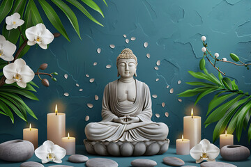 Buddha statue among orchids and candles in a bamboo forest scene. Mystical 3D render for meditation and spa concept, suitable for wall art and theme decor. Buddha Purnima concept