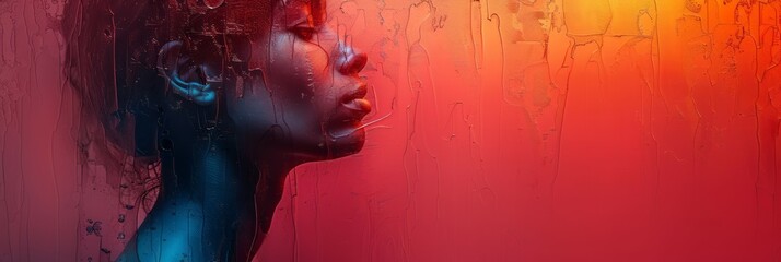 female face with black skin and red lips. Banner with space for text