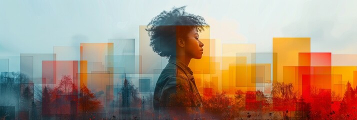 Double exposure of African American woman with afro hairstyle and cityscape