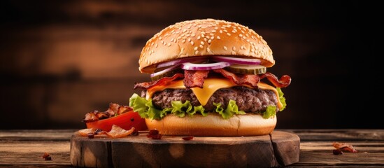 Juicy burger loaded with bacon, lettuce, tomato, and cheese