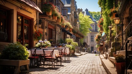 A charming cobblestone street adorned with tables and chairs for al fresco dining under the stars
