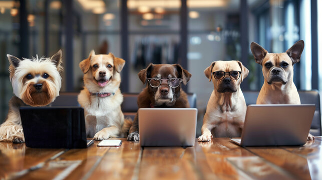 Dogs with laptops looking like a working team.