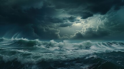 Amazing wave of sea water with dark stormy sky, scary ocean, sea hunted clouds and mystery gloomy dark theme concept.