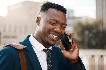 Phone call, business and happy black man in city, conversation or salesman listening to contact in...