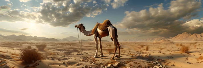 Foto op Plexiglas Closeup of smiling camel with glasses in desert,  Desert landscape with a camel  .   © Asad