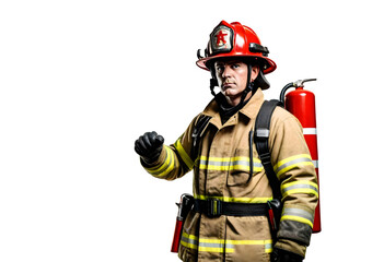 Fototapeta premium Firefighter Man Holding Banner PNG Image , Male Firefighter worker in helmet with empty banner, isolated on white transparent background 