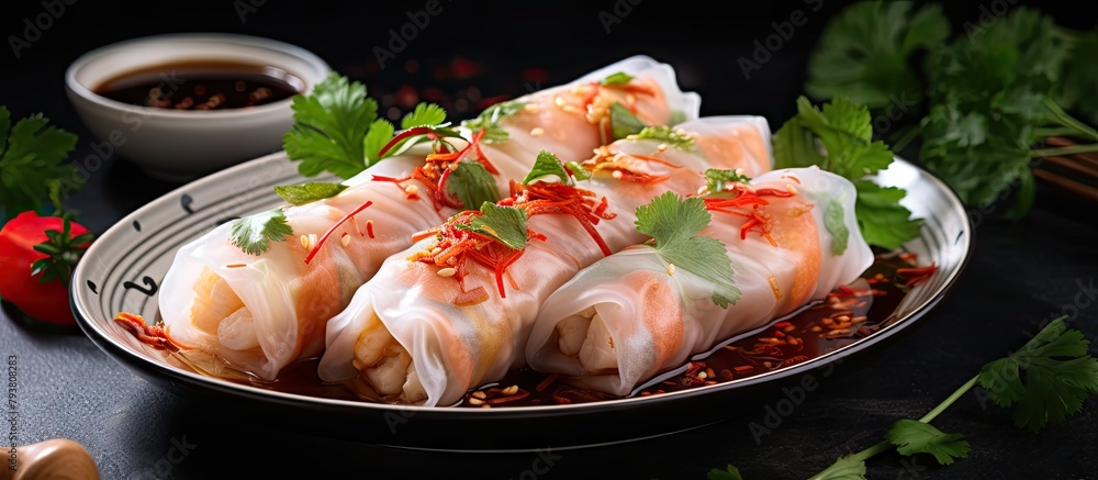 Sticker Delicious shrimp rolls with sauce and herbs