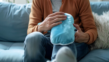 Young man warming his knee with hot water bottle on sofa at home, closeup