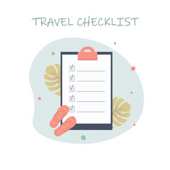 Checklist for travel and tourism. Vacation and weekend planning, with pink flip flops and monstera leaves, with a blue background. Flat vector illustration eps 10.