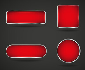 Set of red glossy buttons with silver frame. Square, round website element
