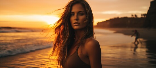 Woman in bikini at beach during sunset - Powered by Adobe