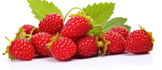 Close-up of raspberries bunch with leaves