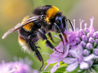 Vibrant bumblebee collecting pollen on a colorful flower in a natural closeup setting.