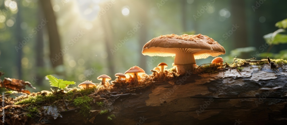 Poster sunlight filtering through trees onto mushrooms on log