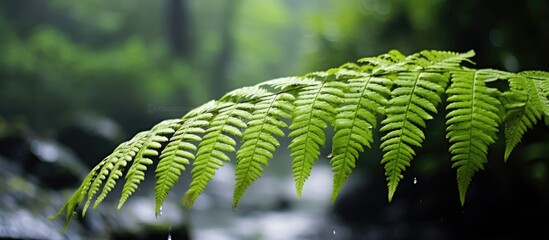 Fern leaves drip with rain in wooded area - obrazy, fototapety, plakaty