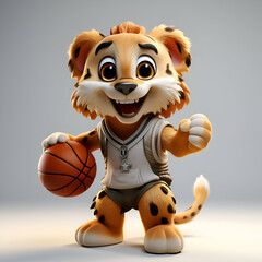Obraz premium 3D Illustration of a Cute Cartoon Lion with a Basketball