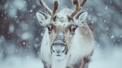 Close-up of a reindeer in a snowy landscape, breath visible in the cold air, wild and majestic winter animal