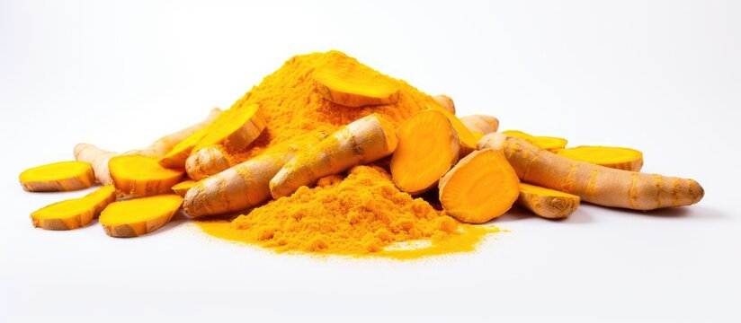 Pile of various turmeric roots on a plain white surface
