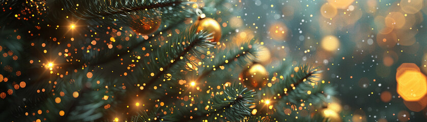 Realistic close-up of a Christmas tree with sparkling lights and ornaments, festive and joyful holiday spirit - Powered by Adobe