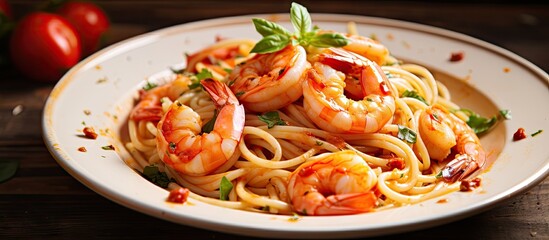 Shrimp pasta with tomato basil sauce on plate