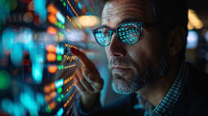 A man is looking at a computer screen with multiple graphs and numbers
