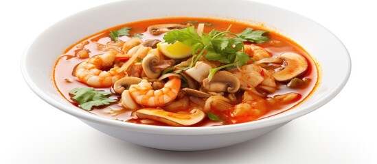 Bowl of Soup with Shrimp, Mushrooms, and Cilantro