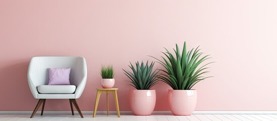 Pink wall, three planters, chair - obrazy, fototapety, plakaty