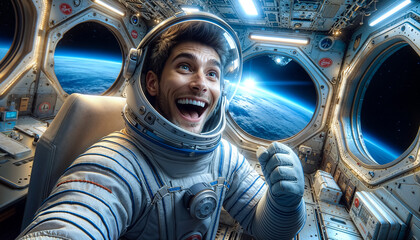 Happy astronaut sitting inside a spaceship. Successful Rocket Launch Sending Space Ship into Space