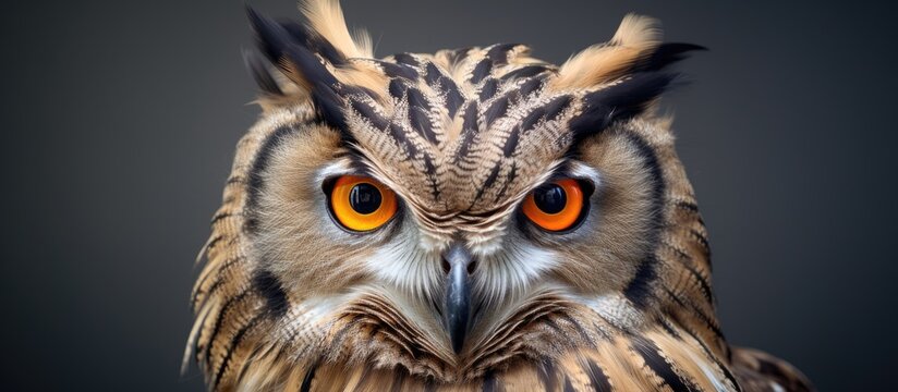 Brown owl with fiery orange eyes on dark backdrop