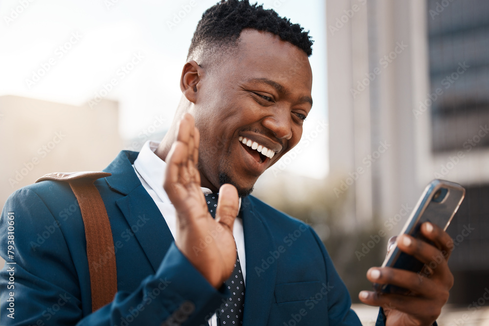 Poster city, business man and video call with wave for networking, speaking and conversation with contact. 