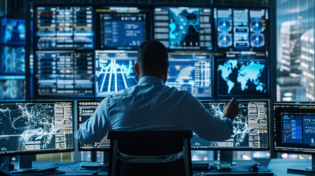 A man is sitting in front of a computer monitor with many screens
