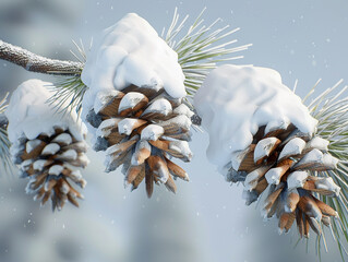 Detailed 3D vector of snow-covered pine cones on a bough, symbolizing resilience and winter's touch