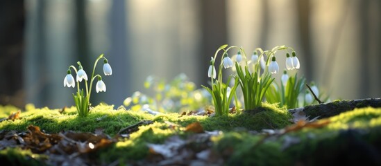 sunlight filtering through snowdrop blooms in woodland