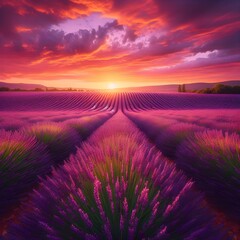 Epic Wide Shot of vibrant lavender fields of Provence.
