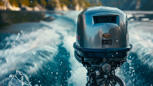 Outboard boat motor in action on water.