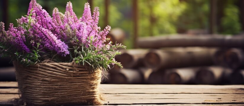 Basket of violet blooms on wooden tabletop