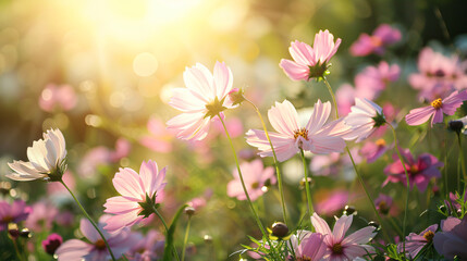 Closeup of pink and white Cosmos flower under sunlight