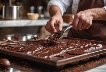 A chocolatier crafts gourmet chocolate, carefully spreading it on a marble surface.