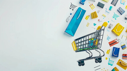 A shopping cart is surrounded by various shopping bags and other items. Concept of abundance and consumerism, with the shopping cart being the central focus