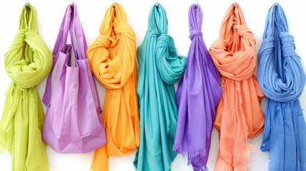 A row of colorful scarves hanging on a wall. The colors are bright and cheerful, creating a sense of warmth and happiness
