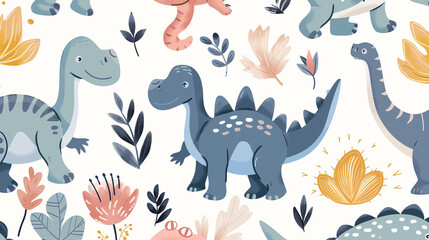 Colorful cartoon dinosaurs and flora on a white background.
