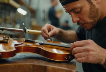 A luthier meticulously crafts a violin by hand, demonstrating dedication and precision in instrument making.