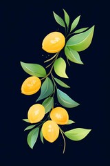 A branch of lemons with green leaves on a dark blue background.