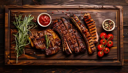 Fotobehang large wooden board with freshly grilled meat © Oleksiy