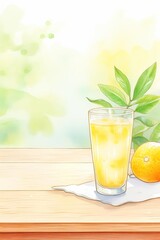 A glass of orange juice on a wooden table. There is an orange and leaves on the table. The background is blurred.