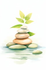 A stack of smooth, round stones with a small plant growing out of the top of it. The stones are sitting in a shallow pool of water, surrounded by soft, green moss. The background is a pale blue sky wi